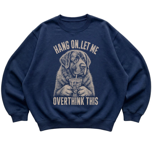 Navy crewneck sweatshirt featuring Overthinking Newfie, laid-flat presentation