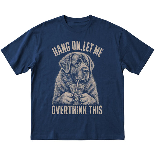 Navy T-shirt featuring Overthinking Newfie, laid-flat presentation