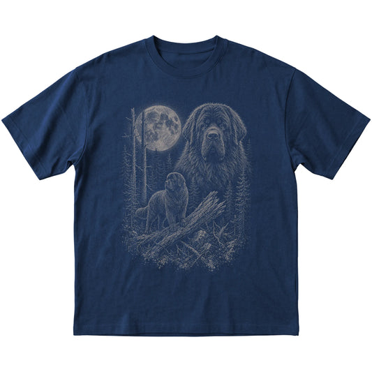 Newfie Moonlit Forest graphic on a navy Softstyle T-shirt laid flat