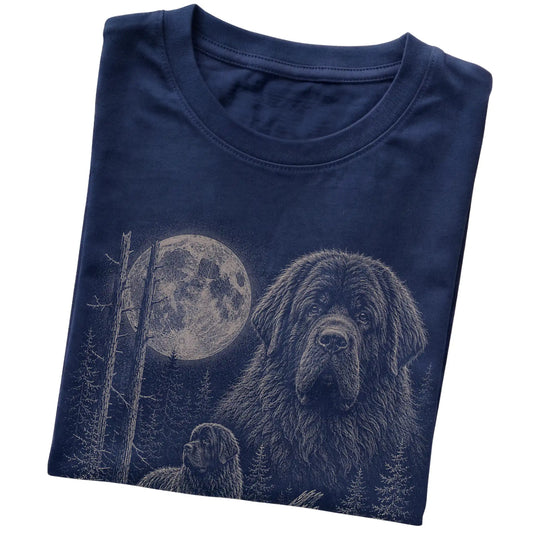 Folded navy Softstyle T-shirt showing the Newfie Moonlit Forest graphic
