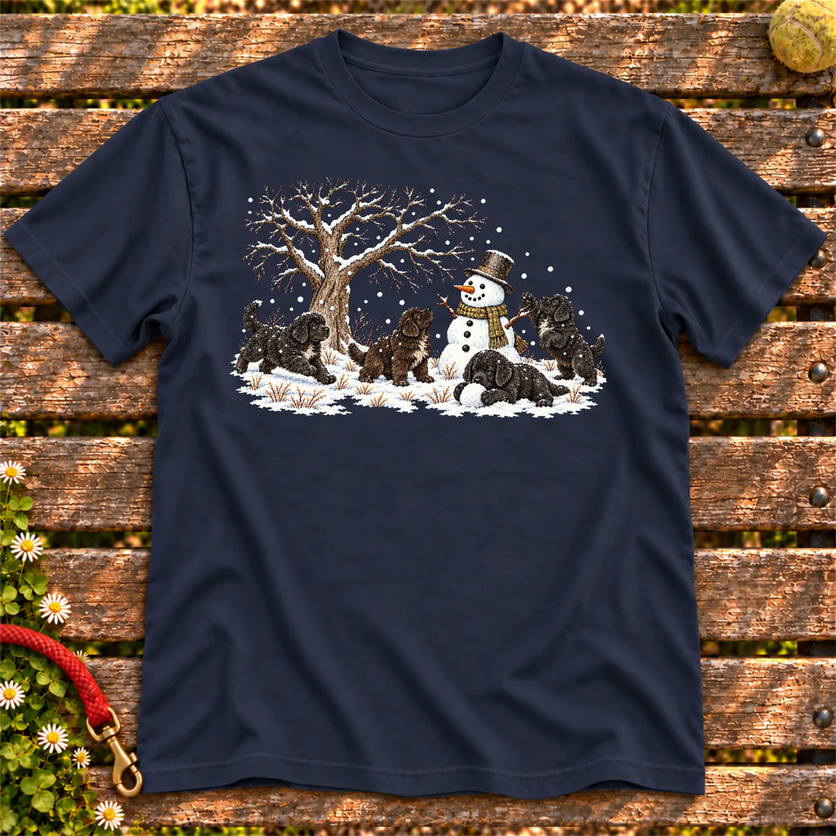Newfie puppies playing in snow with a snowman on a Navy T-shirt