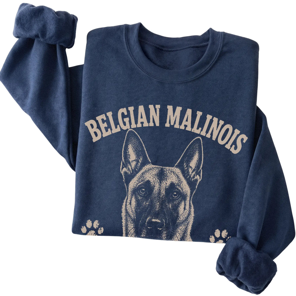 Navy crewneck sweatshirt featuring No Off Switch, No Problem - Belgian Malinois, folded presentation