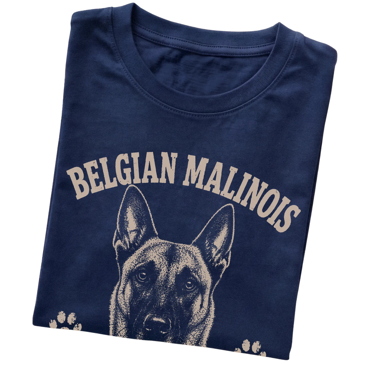 Navy T-shirt featuring No Off Switch, No Problem - Belgian Malinois, folded presentation