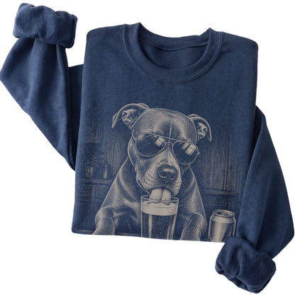 Navy Pitbull drinking from a pint at a bar, folded detail view