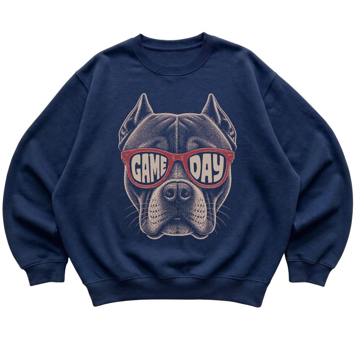 Navy Pitbull Game Day Sunglasses sweatshirt, laid flat