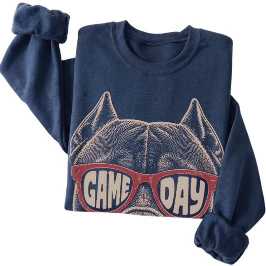 Navy Pitbull Game Day Sunglasses sweatshirt, folded
