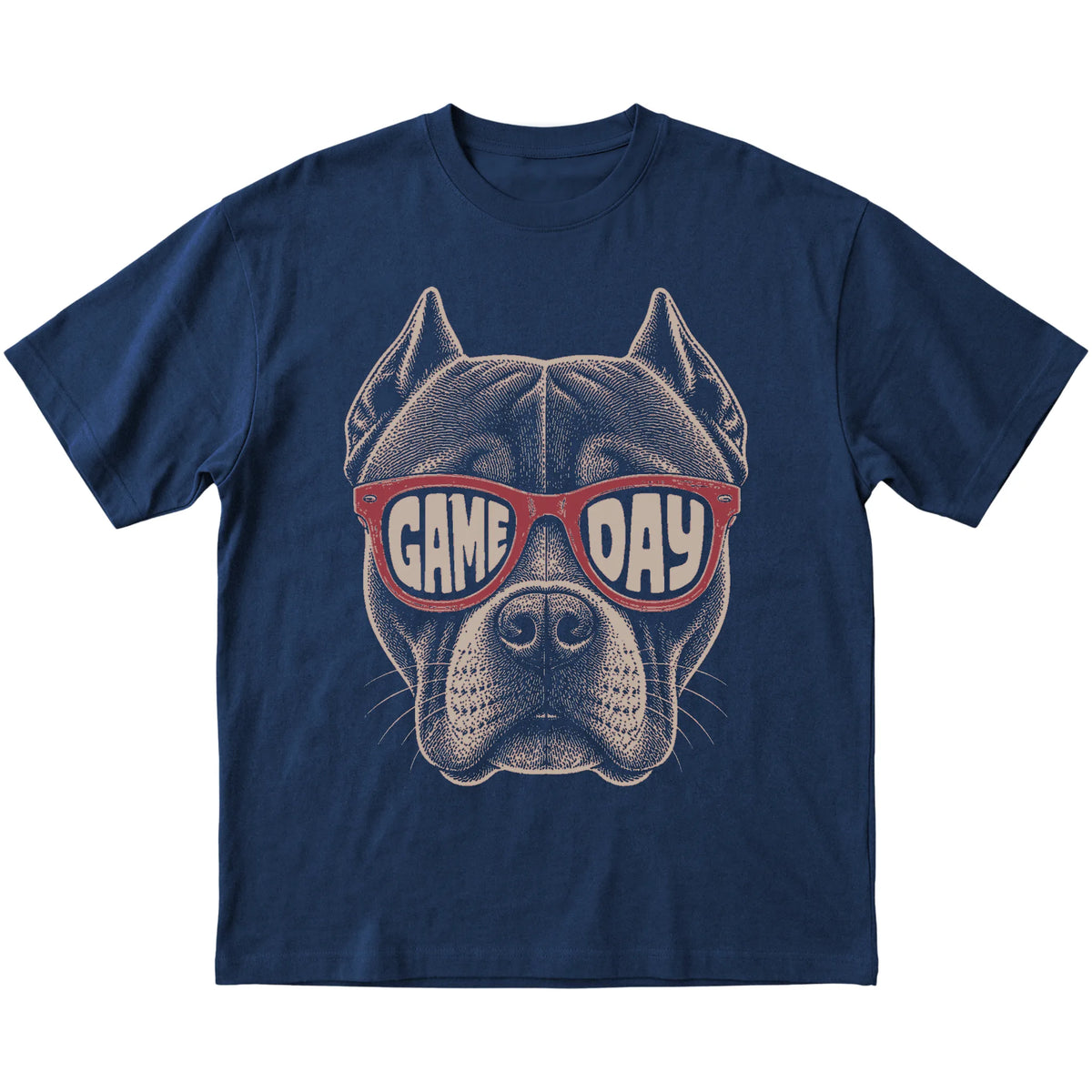 Navy Pitbull Game Day Sunglasses T-shirt, laid flat