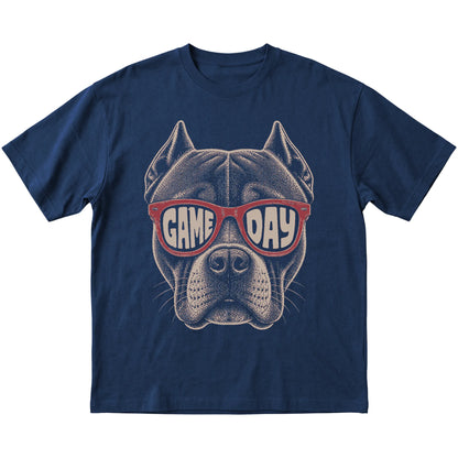 Navy Pitbull Game Day Sunglasses T-shirt, laid flat