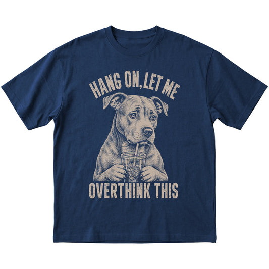 Navy T-shirt featuring Overthinking Pitbull, laid-flat presentation
