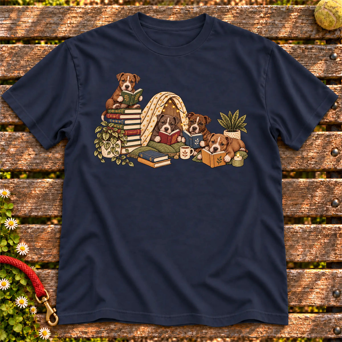 Pitbull puppies reading books in a cozy blanket fort on a Navy T-shirt