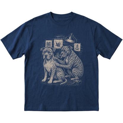 Navy Pitbull Dog Tattoo Artist shirt laid flat
