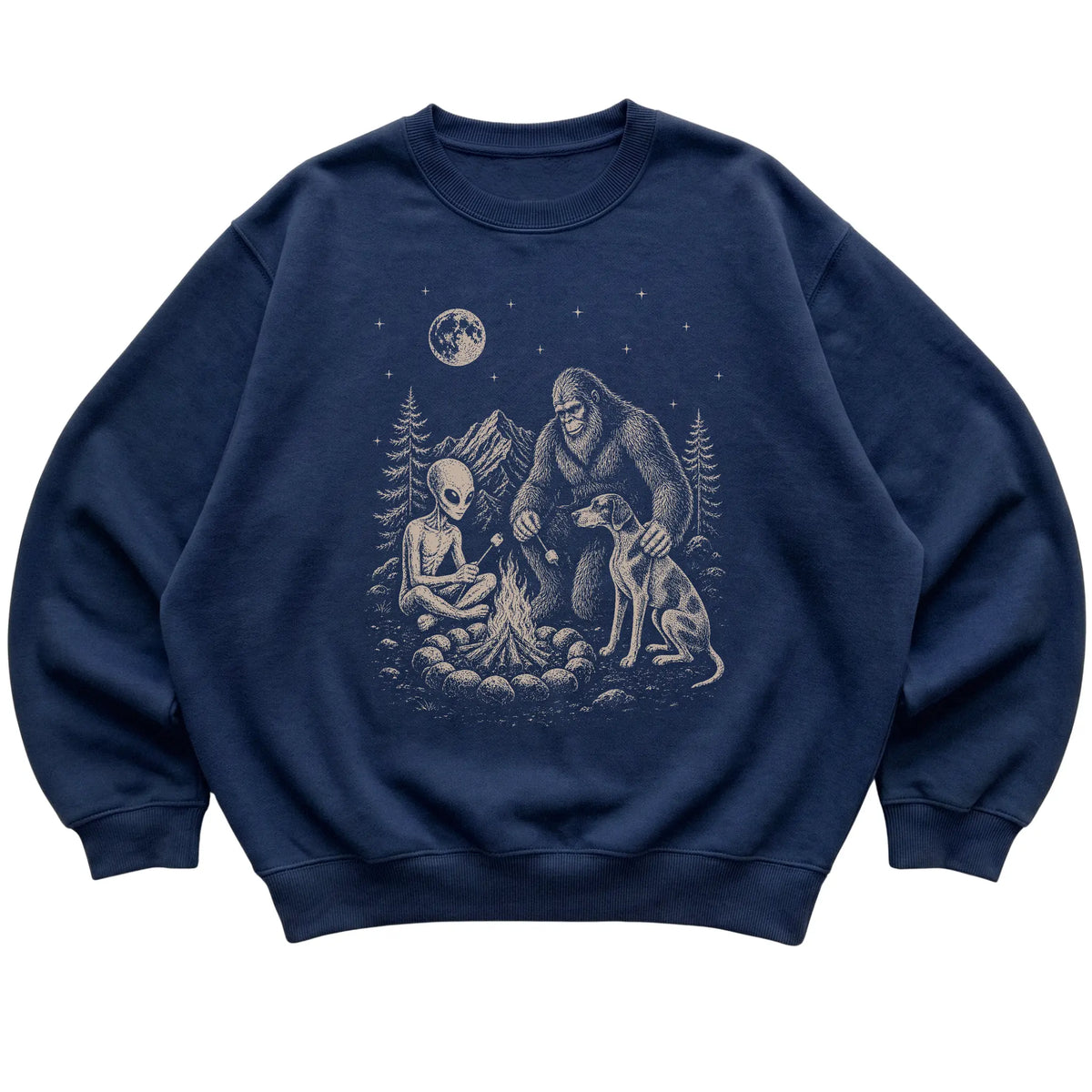 Navy Pointer Camping with Bigfoot and Alien shirt laid flat