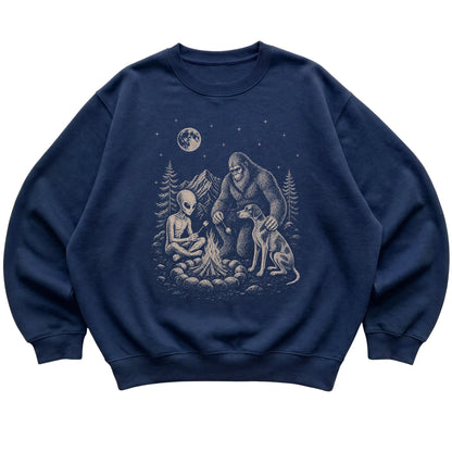 Navy Pointer Camping with Bigfoot and Alien shirt laid flat