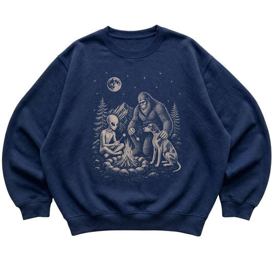 Navy Pointer Camping with Bigfoot and Alien shirt laid flat