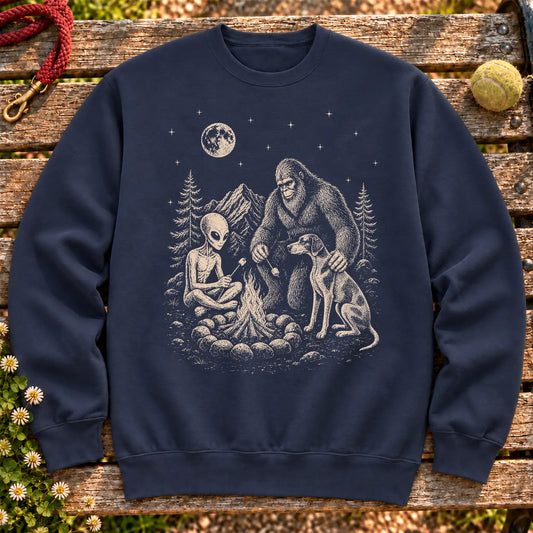 Pointer Camping with Bigfoot and Alien on a Navy crewneck sweatshirt, shown flat