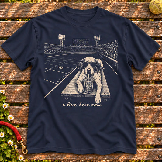 Pointer Football Tailgate on a Navy T-shirt, shown flat