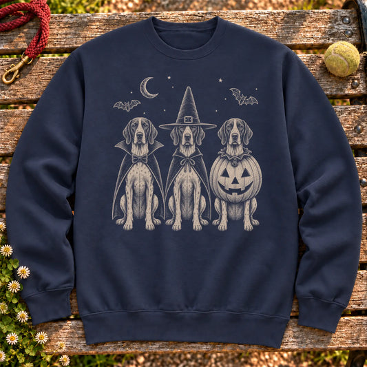 Pointer Halloween Costume on a Navy crewneck sweatshirt, shown flat