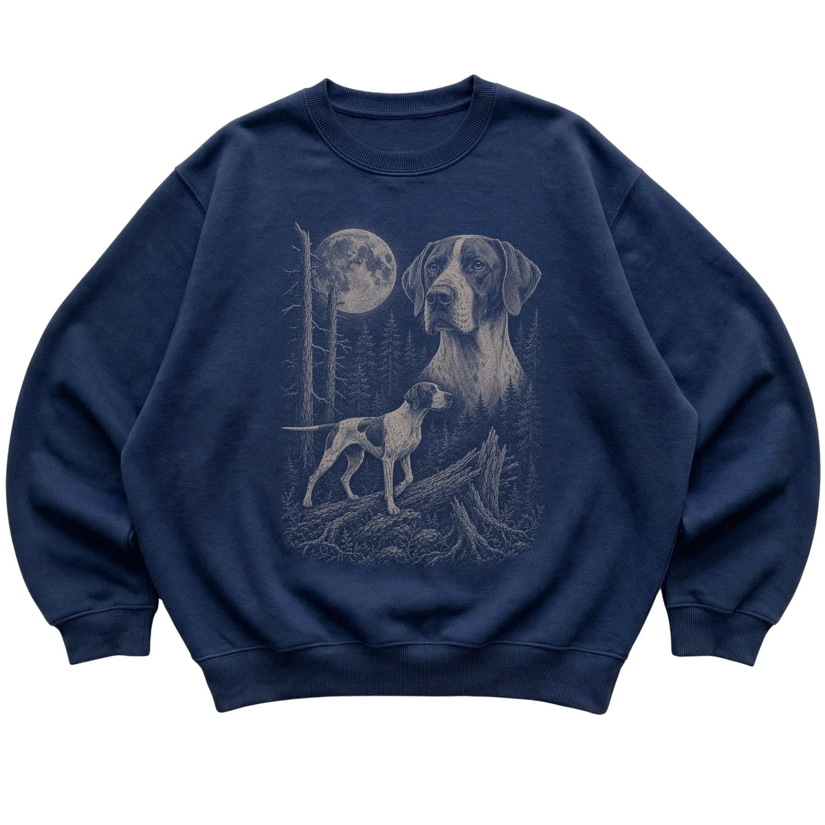 Pointer Moonlit Forest graphic on a navy crewneck sweatshirt laid flat
