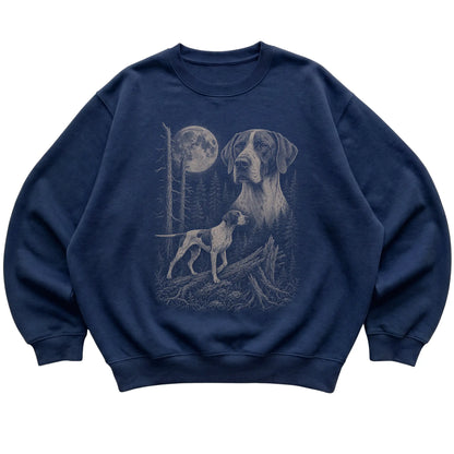 Pointer Moonlit Forest graphic on a navy crewneck sweatshirt laid flat