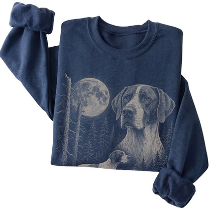 Folded navy crewneck sweatshirt showing the Pointer Moonlit Forest graphic