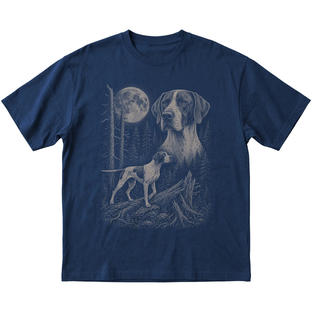 Pointer Moonlit Forest graphic on a navy Softstyle T-shirt laid flat