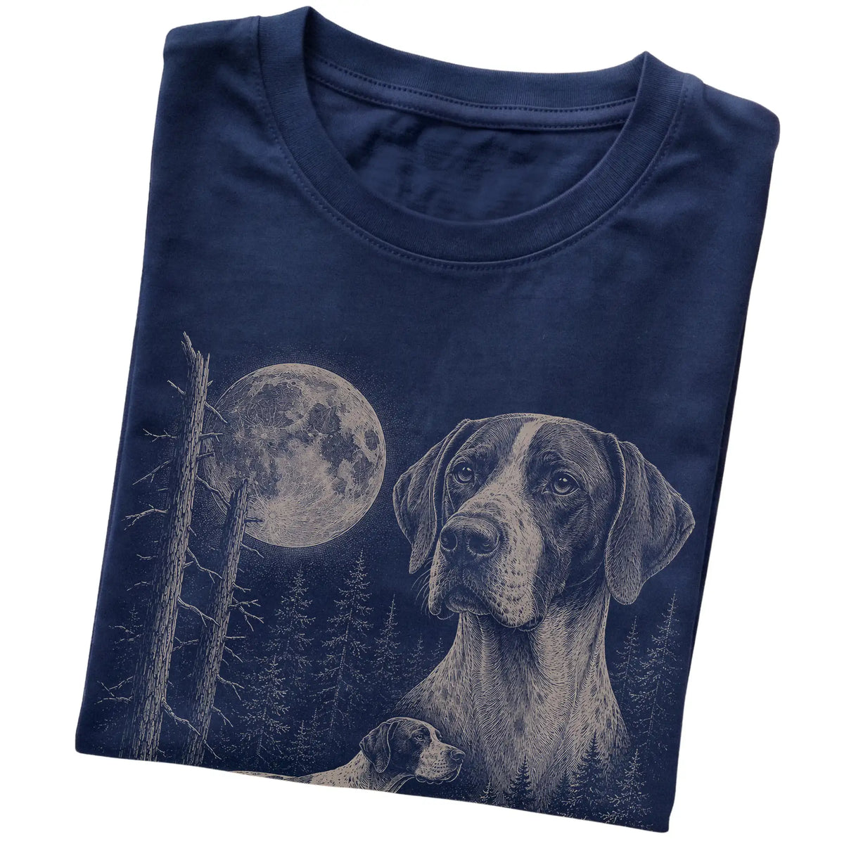 Folded navy Softstyle T-shirt showing the Pointer Moonlit Forest graphic