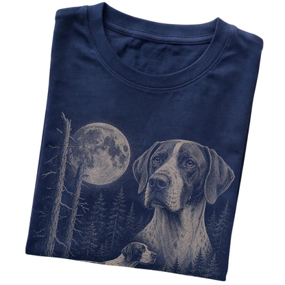 Folded navy Softstyle T-shirt showing the Pointer Moonlit Forest graphic