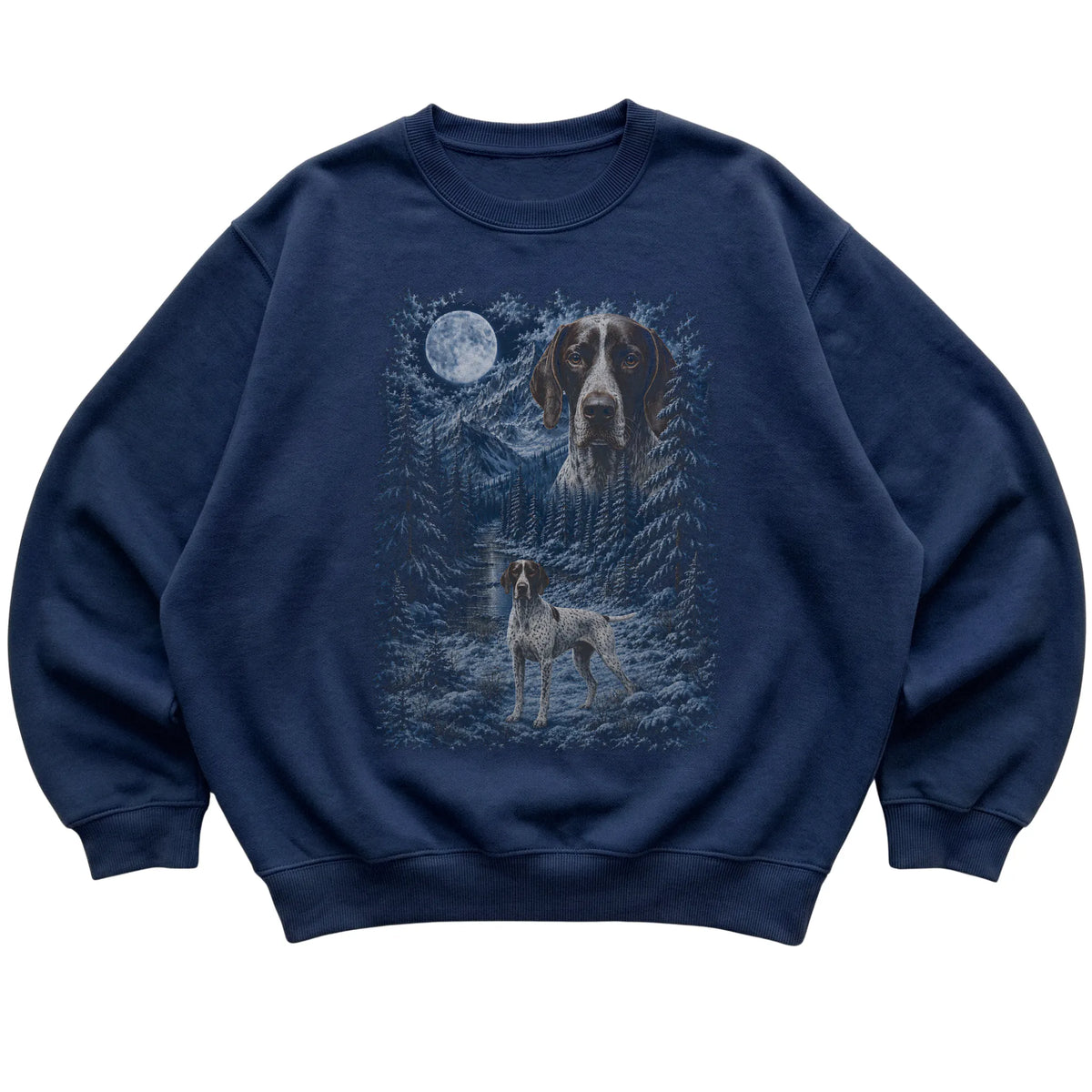 navy sweatshirt with Pointer Winter Moon artwork.