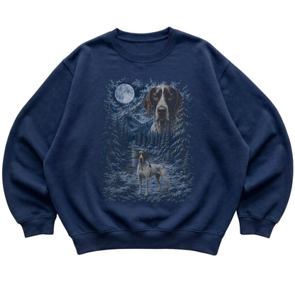 navy sweatshirt with Pointer Winter Moon artwork.