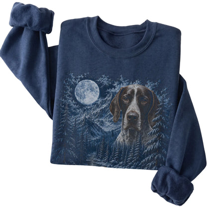 Folded navy sweatshirt with Pointer Winter Moon artwork.