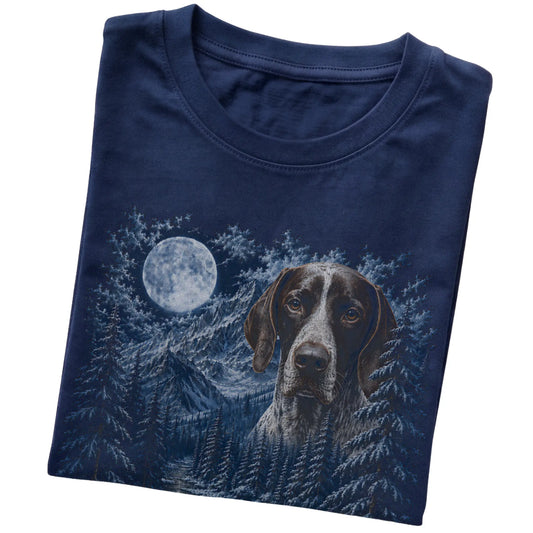 Folded navy T-shirt with Pointer Winter Moon artwork.