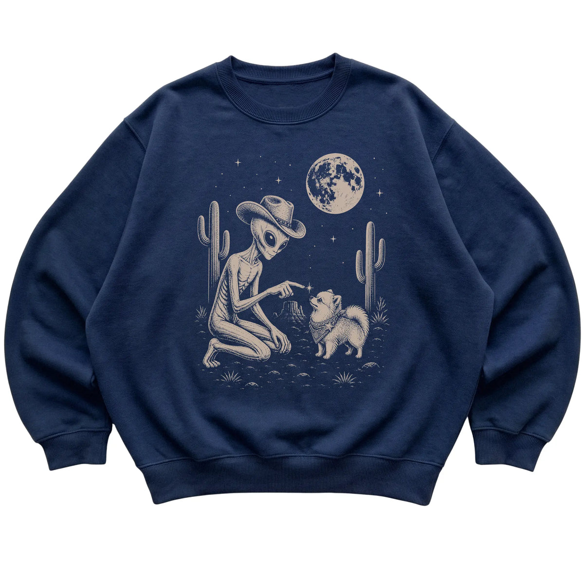Navy crewneck sweatshirt featuring Pomeranian Cowboy and Alien, laid-flat presentation