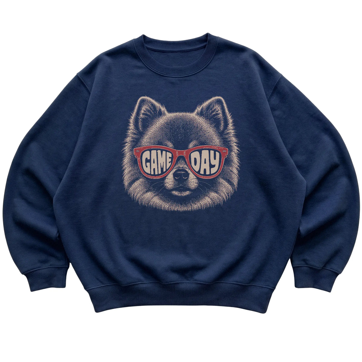 Navy Pomeranian Game Day Sunglasses sweatshirt, laid flat
