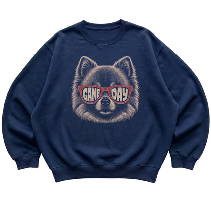 Navy Pomeranian Game Day Sunglasses sweatshirt, laid flat
