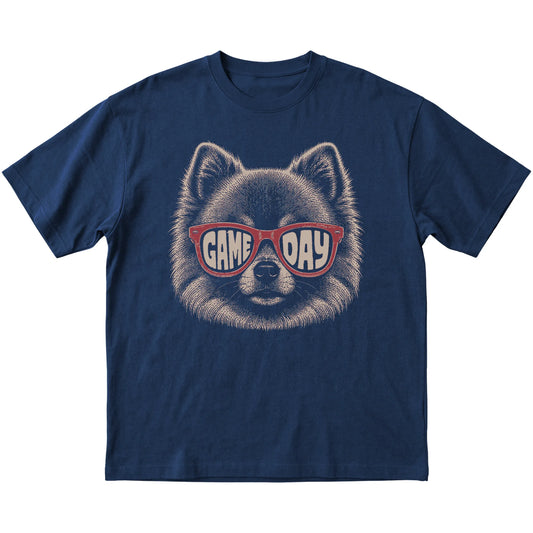 Navy Pomeranian Game Day Sunglasses T-shirt, laid flat