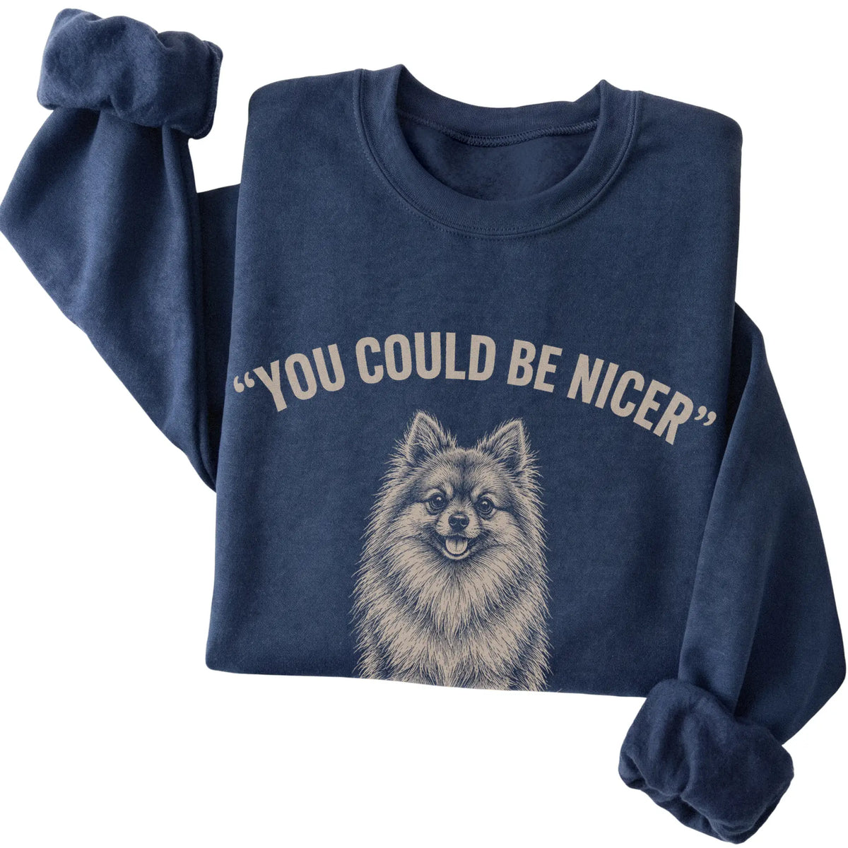 Pomeranian Guard Dog Sweatshirt in Navy — folded detail