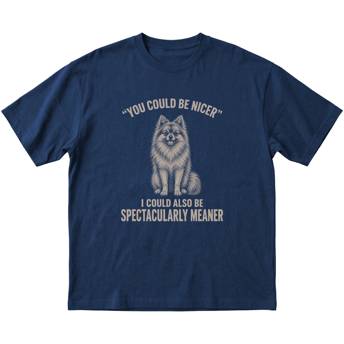 Pomeranian Guard Dog T-Shirt in Navy — flat lay