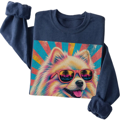 Folded Navy crewneck sweatshirt with a Retro Pomeranian Mama design