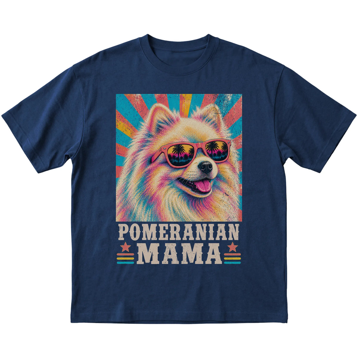 Retro Pomeranian Mama design on a Navy softstyle T-shirt