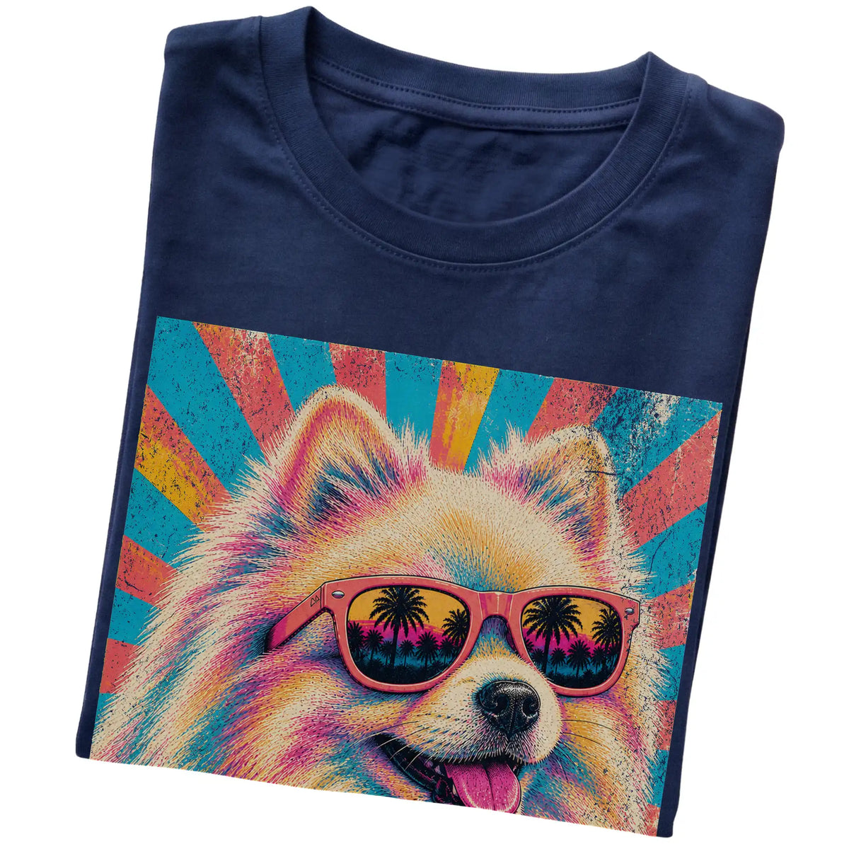Folded Navy softstyle T-shirt with a Retro Pomeranian Mama design