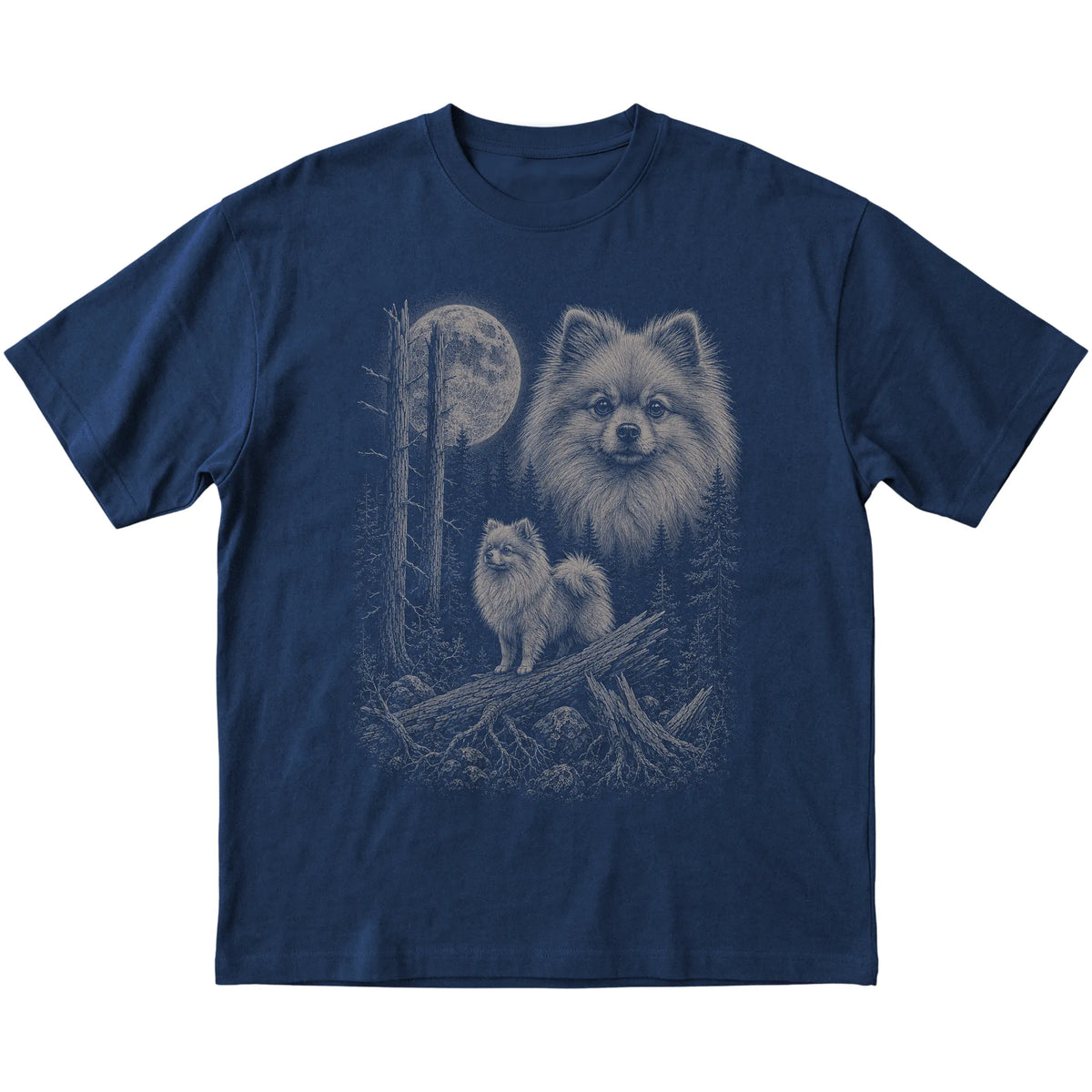 Pomeranian Moonlit Forest graphic on a navy Softstyle T-shirt laid flat