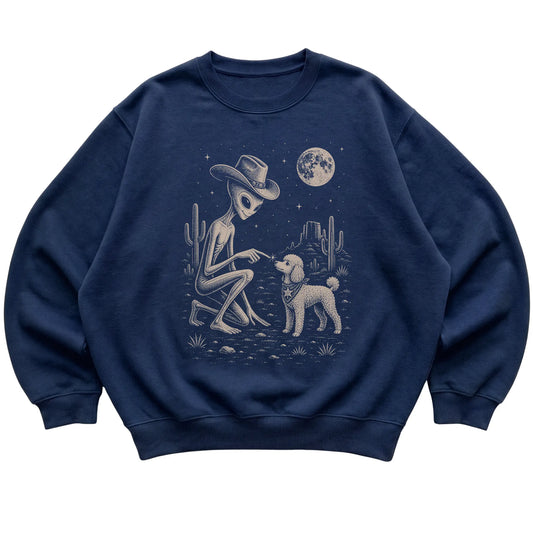 Navy crewneck sweatshirt featuring Poodle Cowboy and Alien, laid-flat presentation