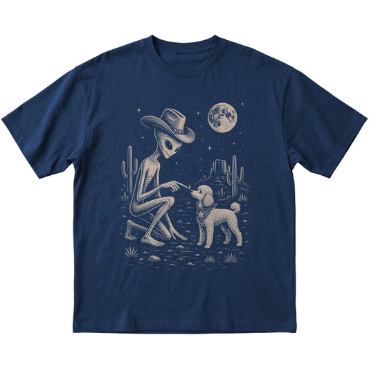 Navy T-shirt featuring Poodle Cowboy and Alien, laid-flat presentation