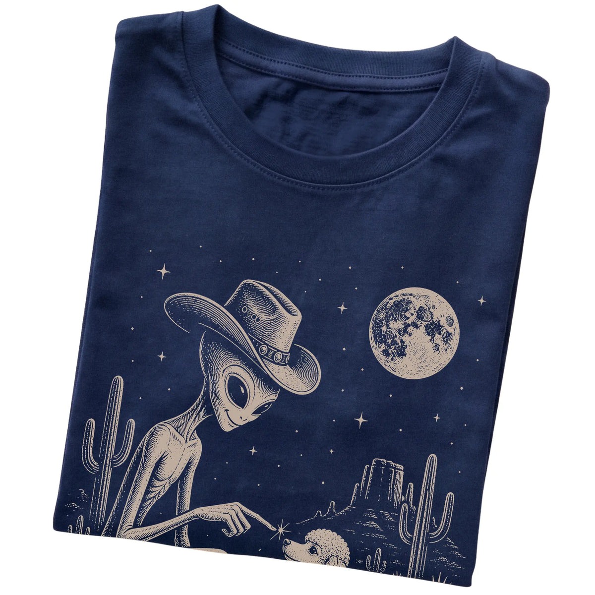 Navy T-shirt featuring Poodle Cowboy and Alien, folded presentation