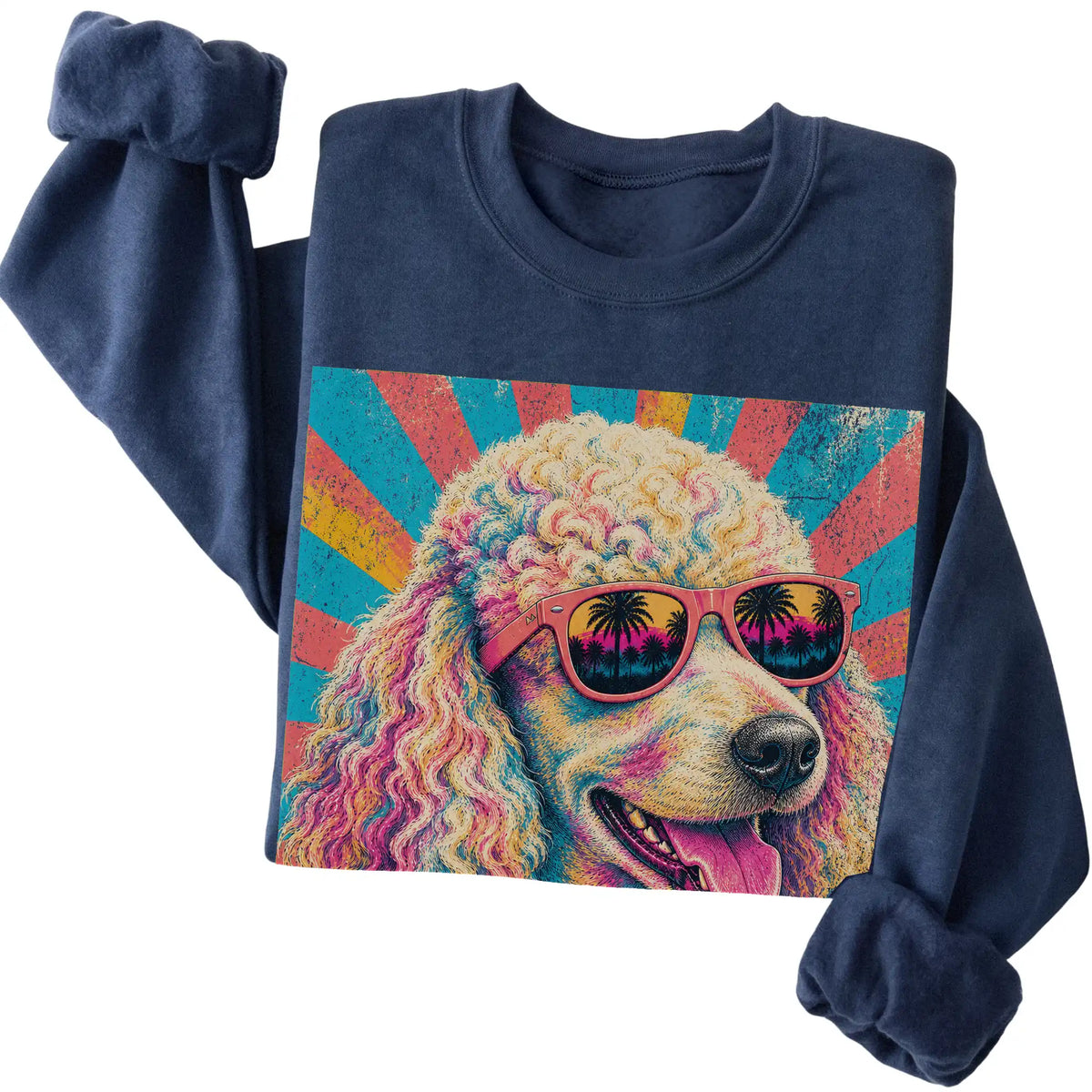 Folded Navy crewneck sweatshirt with a Retro Poodle Mama design
