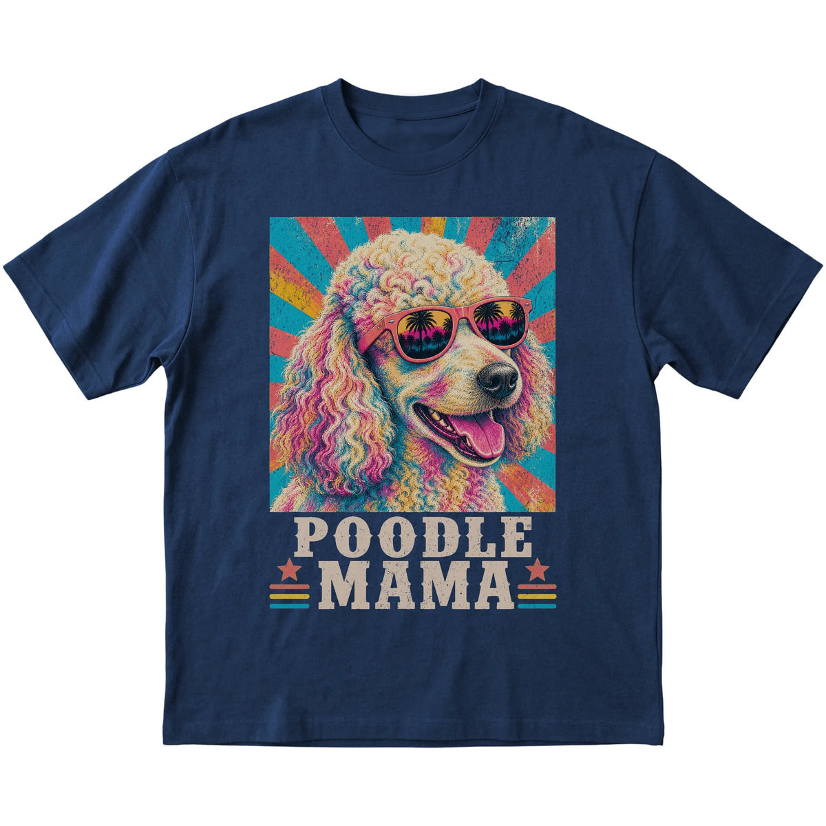 Retro Poodle Mama design on a Navy softstyle T-shirt