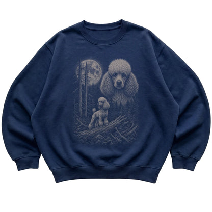 Poodle Moonlit Forest graphic on a navy crewneck sweatshirt laid flat