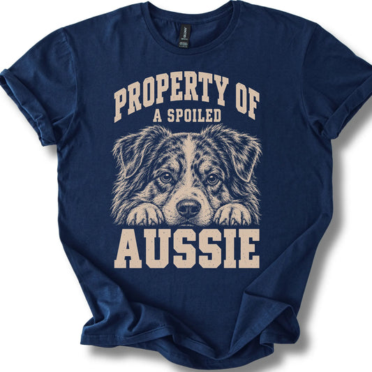 Navy Australian Shepherd T-shirt with a dog portrait and “Property of a Spoiled” lettering.