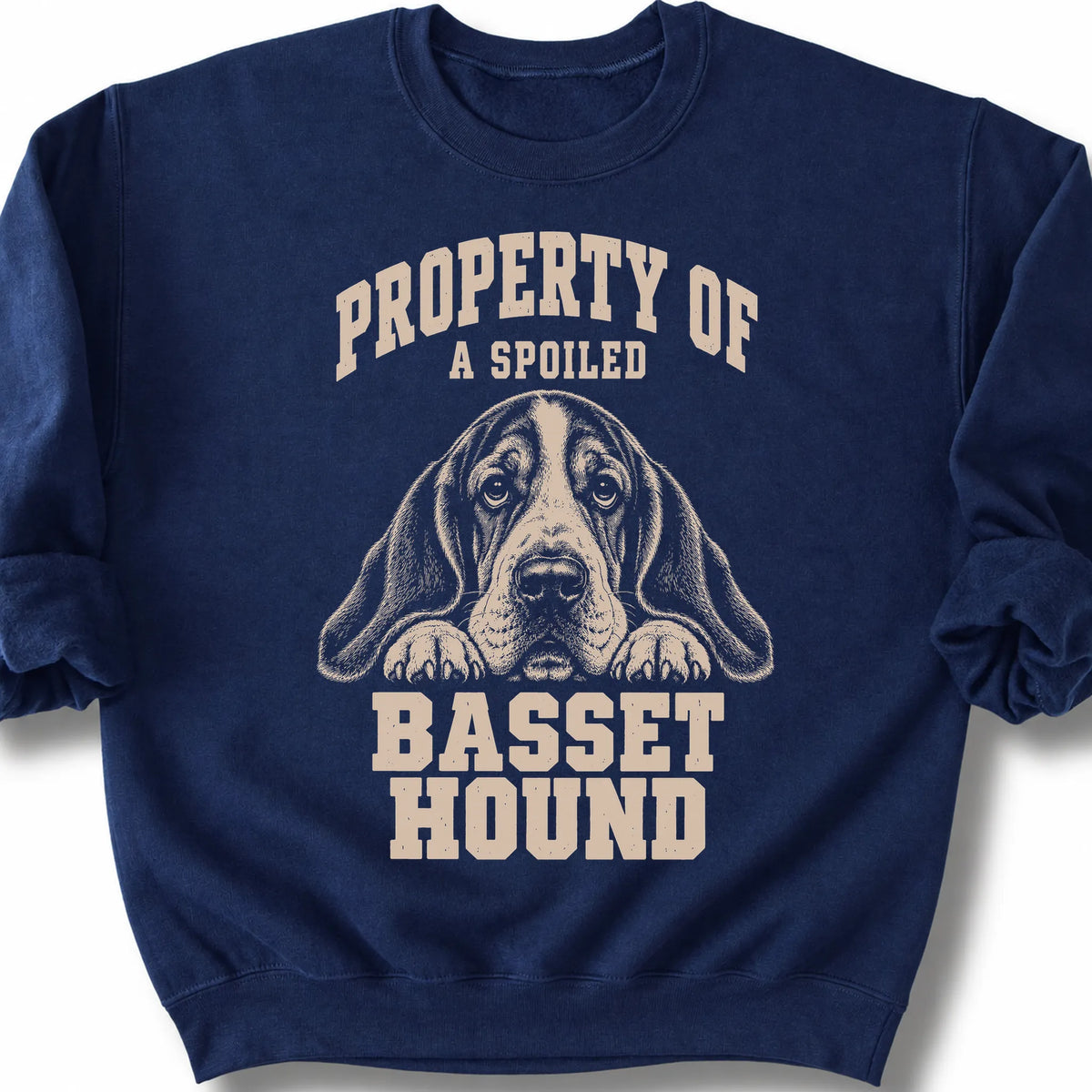 Navy Basset Hound sweatshirt with a dog portrait and “Property of a Spoiled” lettering.