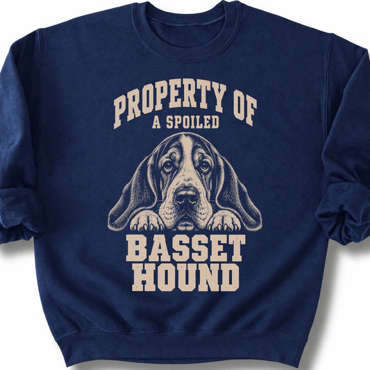 Navy Basset Hound sweatshirt with a dog portrait and “Property of a Spoiled” lettering.